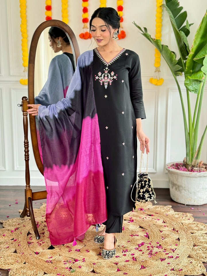 Black Color Viscose Chanderi Embroidered Straight  Kurta with Pant And Dupatta Sets