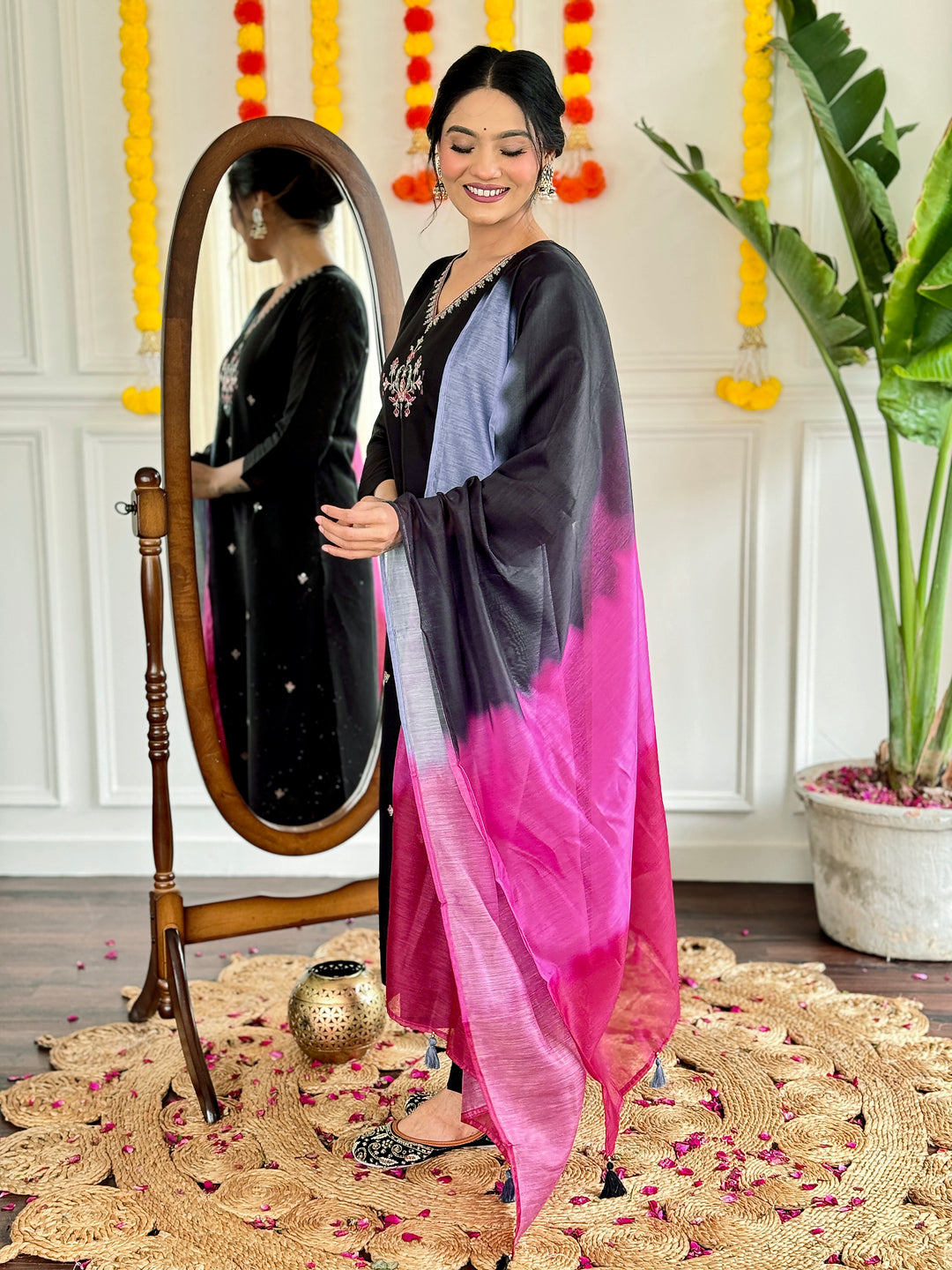 Black Color Viscose Chanderi Embroidered Straight  Kurta with Pant And Dupatta Sets