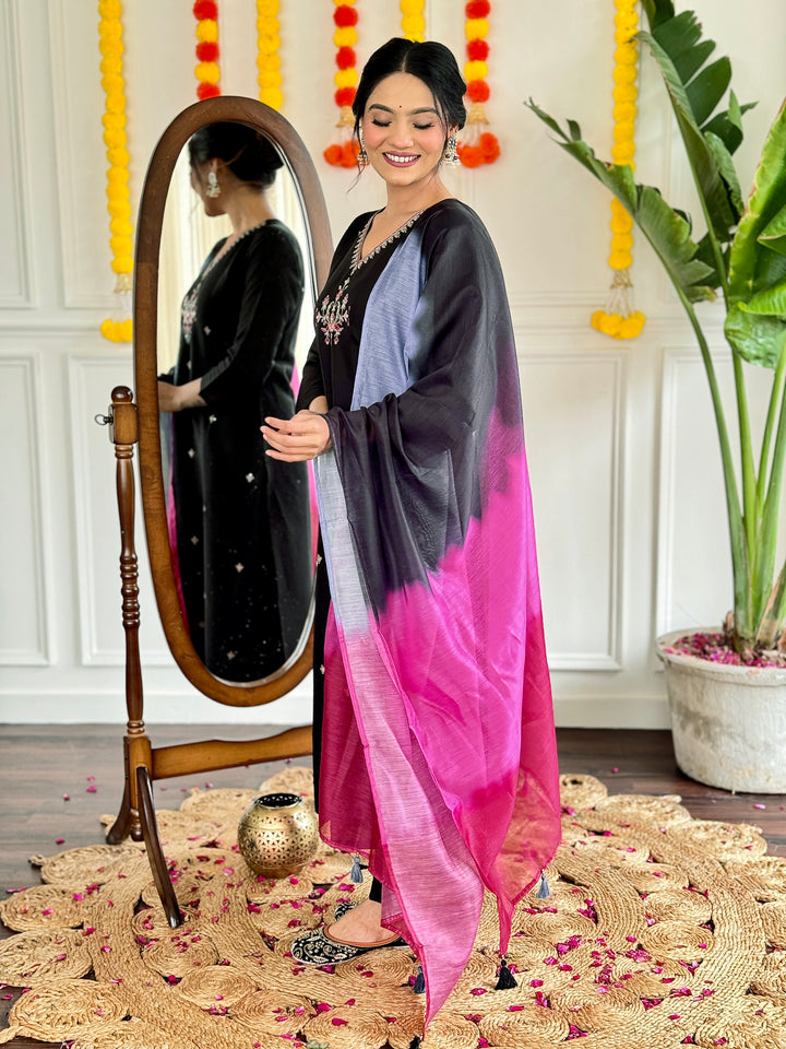 Black Color Viscose Chanderi Embroidered Straight  Kurta with Pant And Dupatta Sets