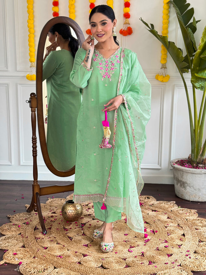 Green Color Viscose Chanderi with Embroidered Kurta with Pant And Dupatta Sets