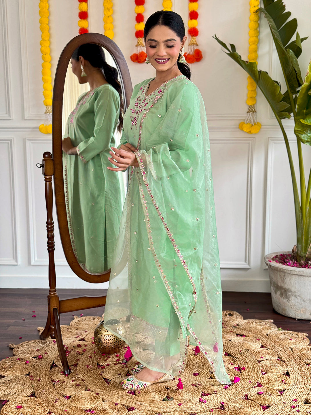 Green Color Viscose Chanderi with Embroidered Kurta with Pant And Dupatta Sets