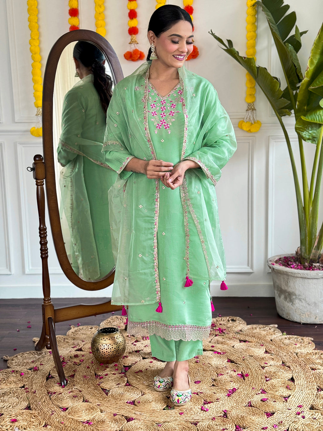 Green Color Viscose Chanderi with Embroidered Kurta with Pant And Dupatta Sets