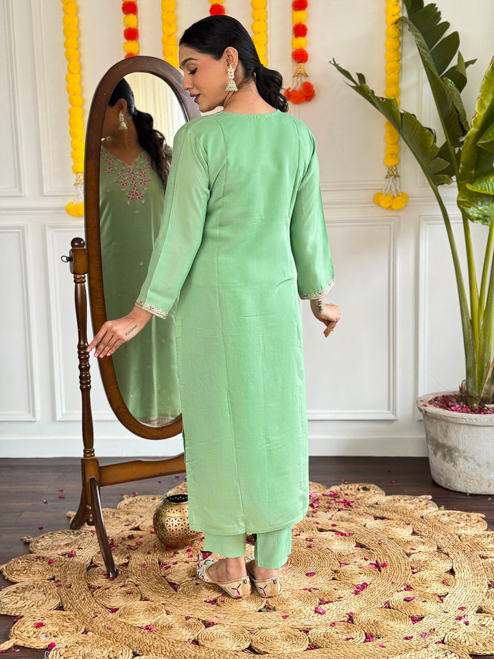 Green Color Viscose Chanderi with Embroidered Kurta with Pant And Dupatta Sets