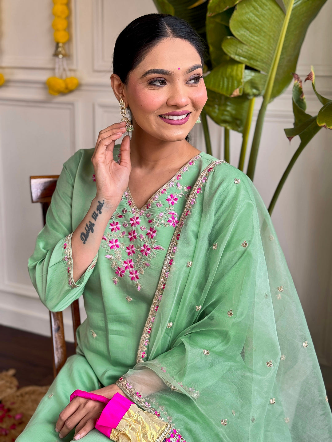 Green Color Viscose Chanderi with Embroidered Kurta with Pant And Dupatta Sets