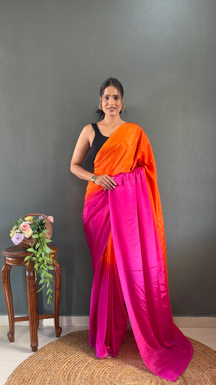 Orange And Pink Color Chinon Saree With Beautiful Blouse