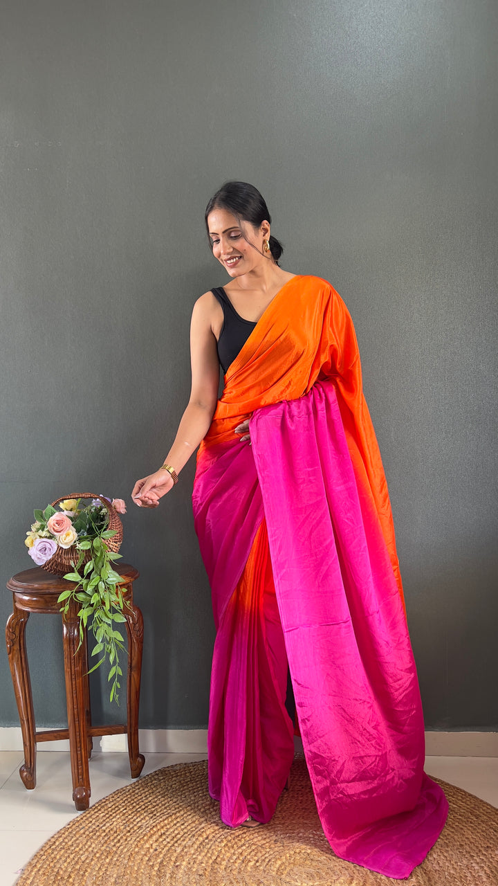 Orange And Pink Color Chinon Saree With Beautiful Blouse