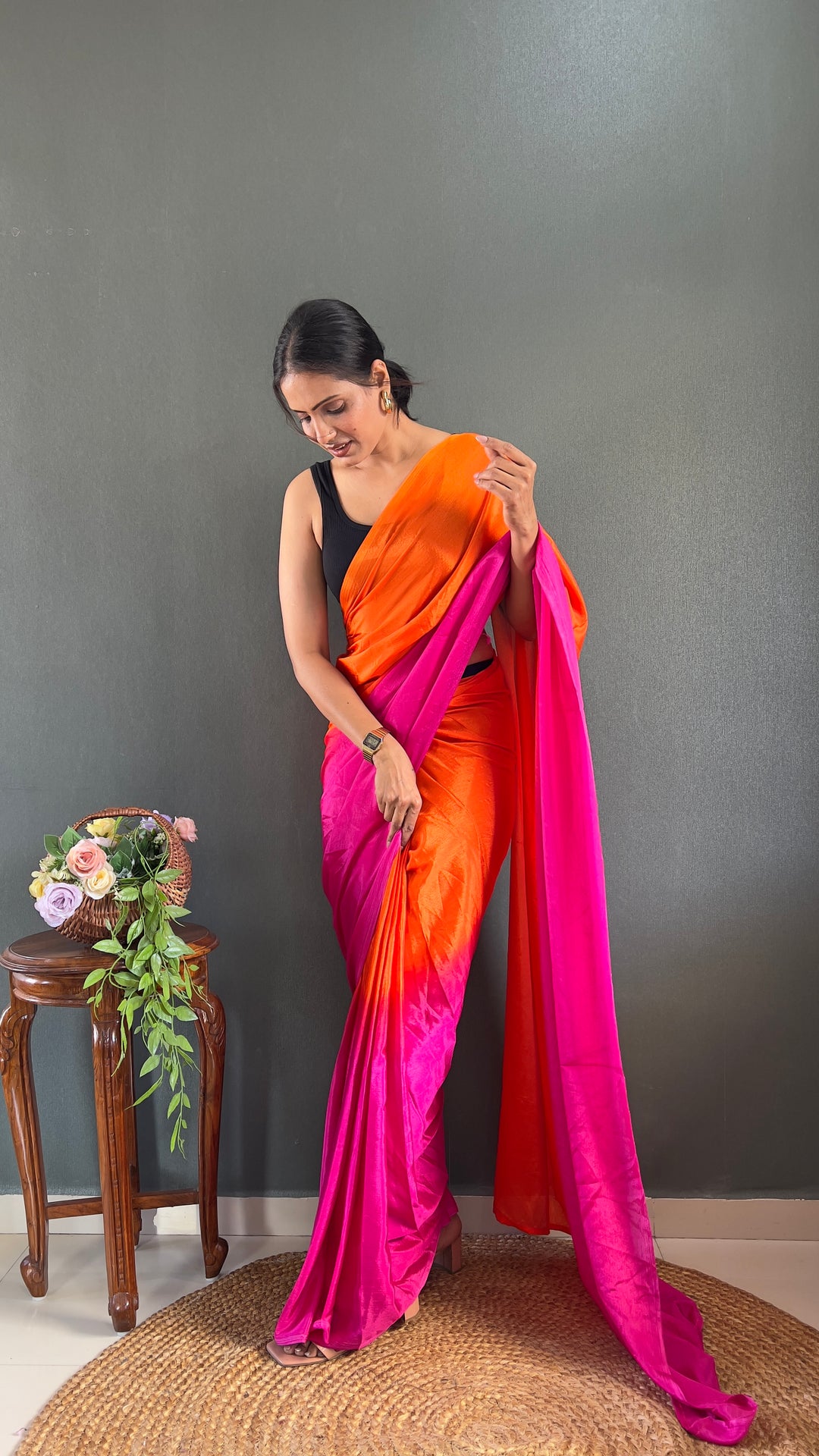 Orange And Pink Color Chinon Saree With Beautiful Blouse