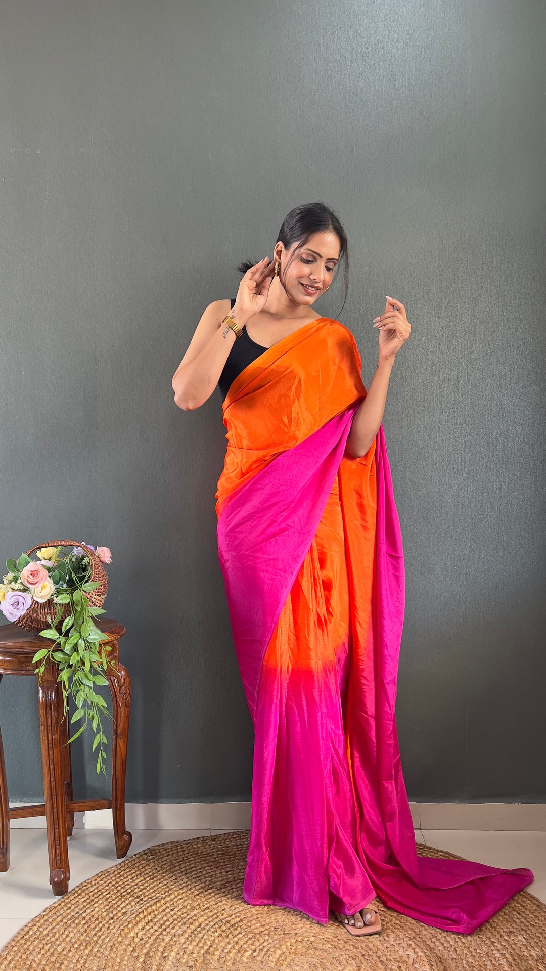 Orange And Pink Color Chinon Saree With Beautiful Blouse