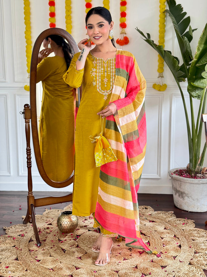 Mustard Color Viscose Chanderi with Embroidered Straight Kurta with Pant And Linen Dupatta Sets