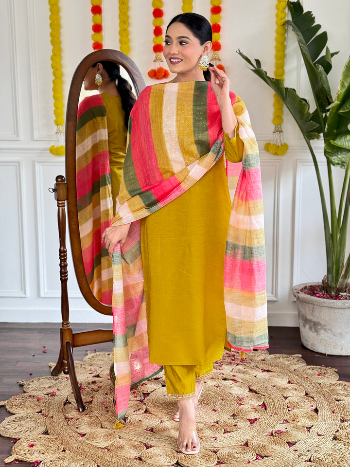 Mustard Color Viscose Chanderi with Embroidered Straight Kurta with Pant And Linen Dupatta Sets