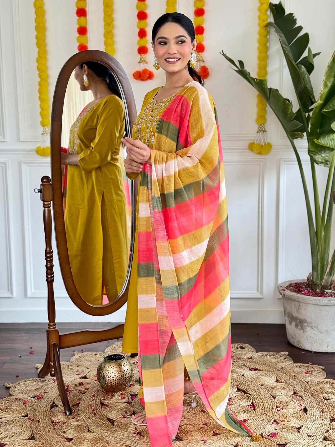 Mustard Color Viscose Chanderi with Embroidered Straight Kurta with Pant And Linen Dupatta Sets