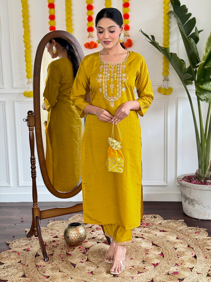 Mustard Color Viscose Chanderi with Embroidered Straight Kurta with Pant And Linen Dupatta Sets
