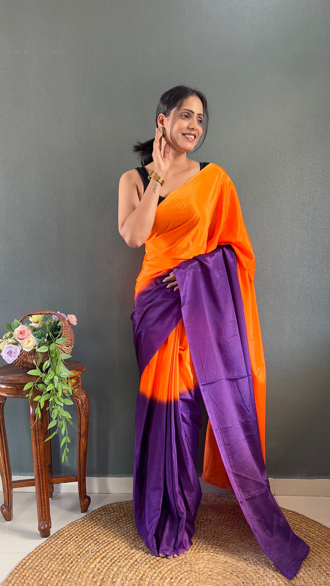 Orange And Purple Color Chinon Saree With Beautiful Blouse