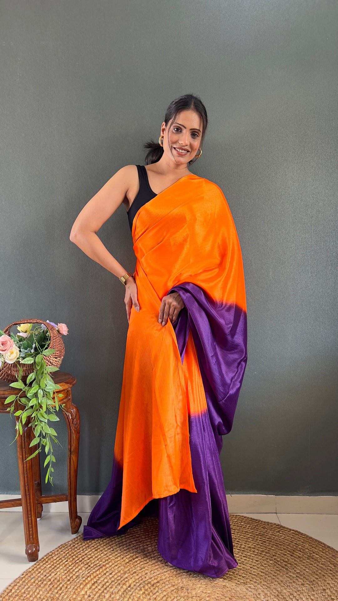Orange And Purple Color Chinon Saree With Beautiful Blouse