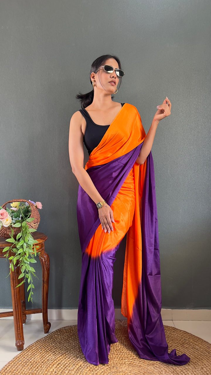 Orange And Purple Color Chinon Saree With Beautiful Blouse