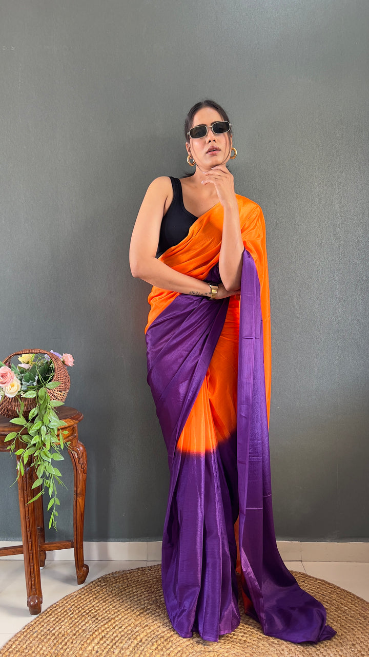 Orange And Purple Color Chinon Saree With Beautiful Blouse