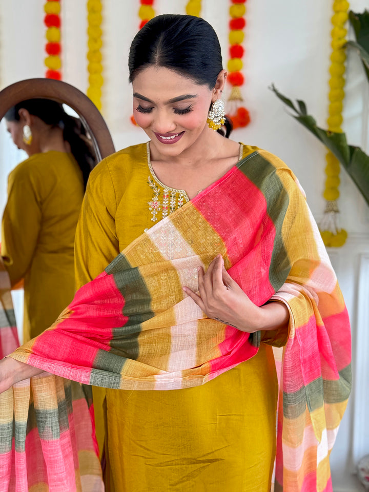 Mustard Color Viscose Chanderi with Embroidered Straight Kurta with Pant And Linen Dupatta Sets