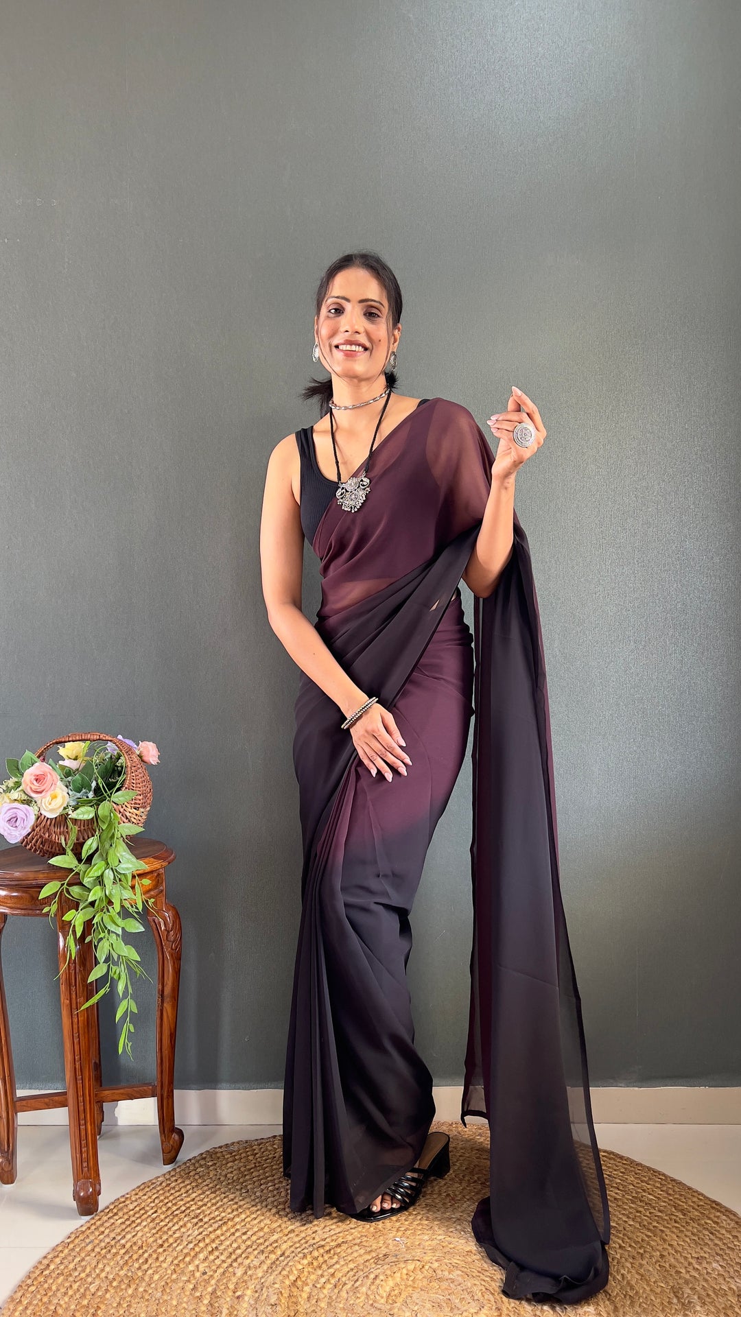 Brown-Black Color Georgette Saree With Beautiful Blouse
