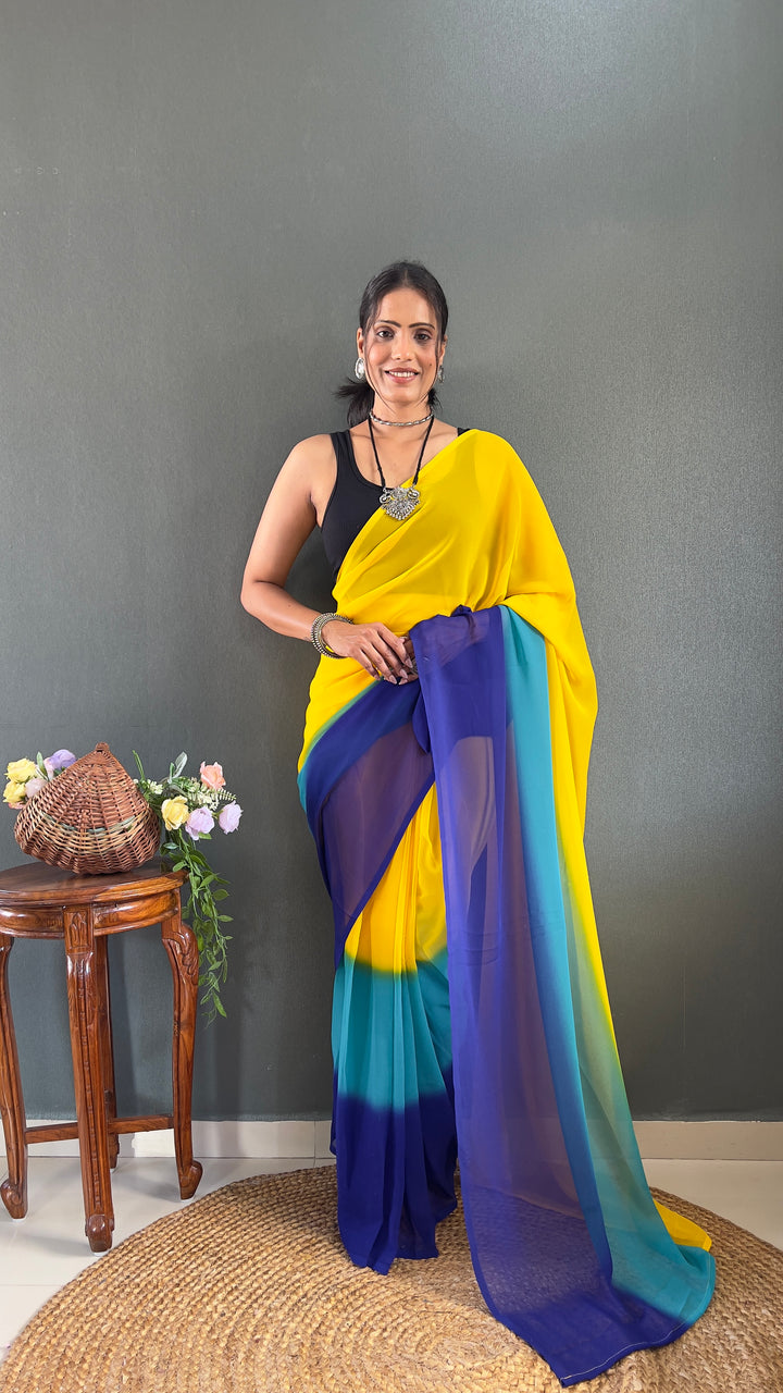 Yellow-Blue Color Georgette Saree With Beautiful Blouse