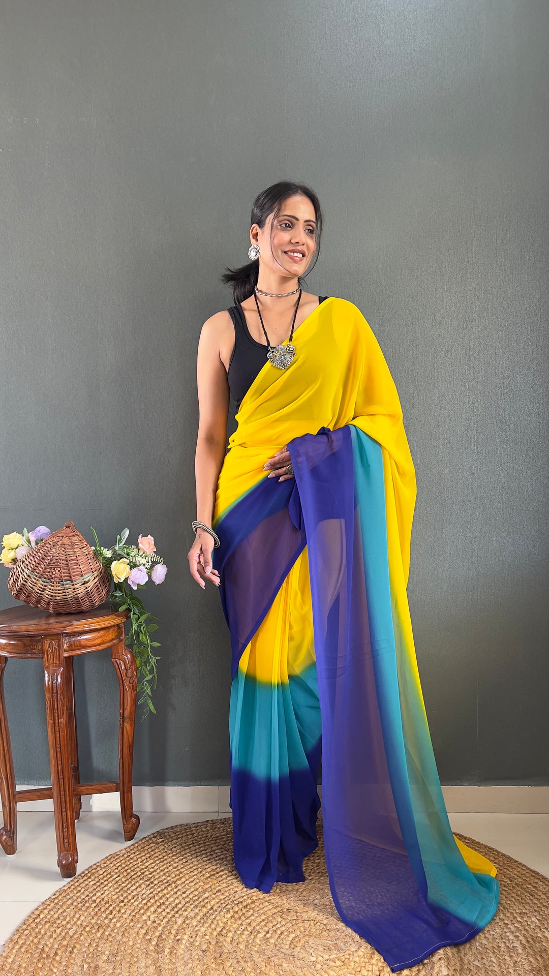 Yellow-Blue Color Georgette Saree With Beautiful Blouse