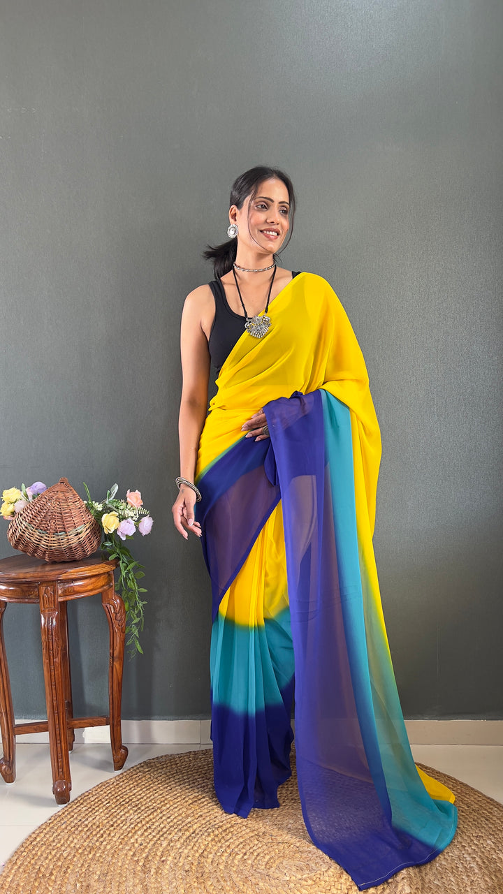 Yellow-Blue Color Georgette Saree With Beautiful Blouse