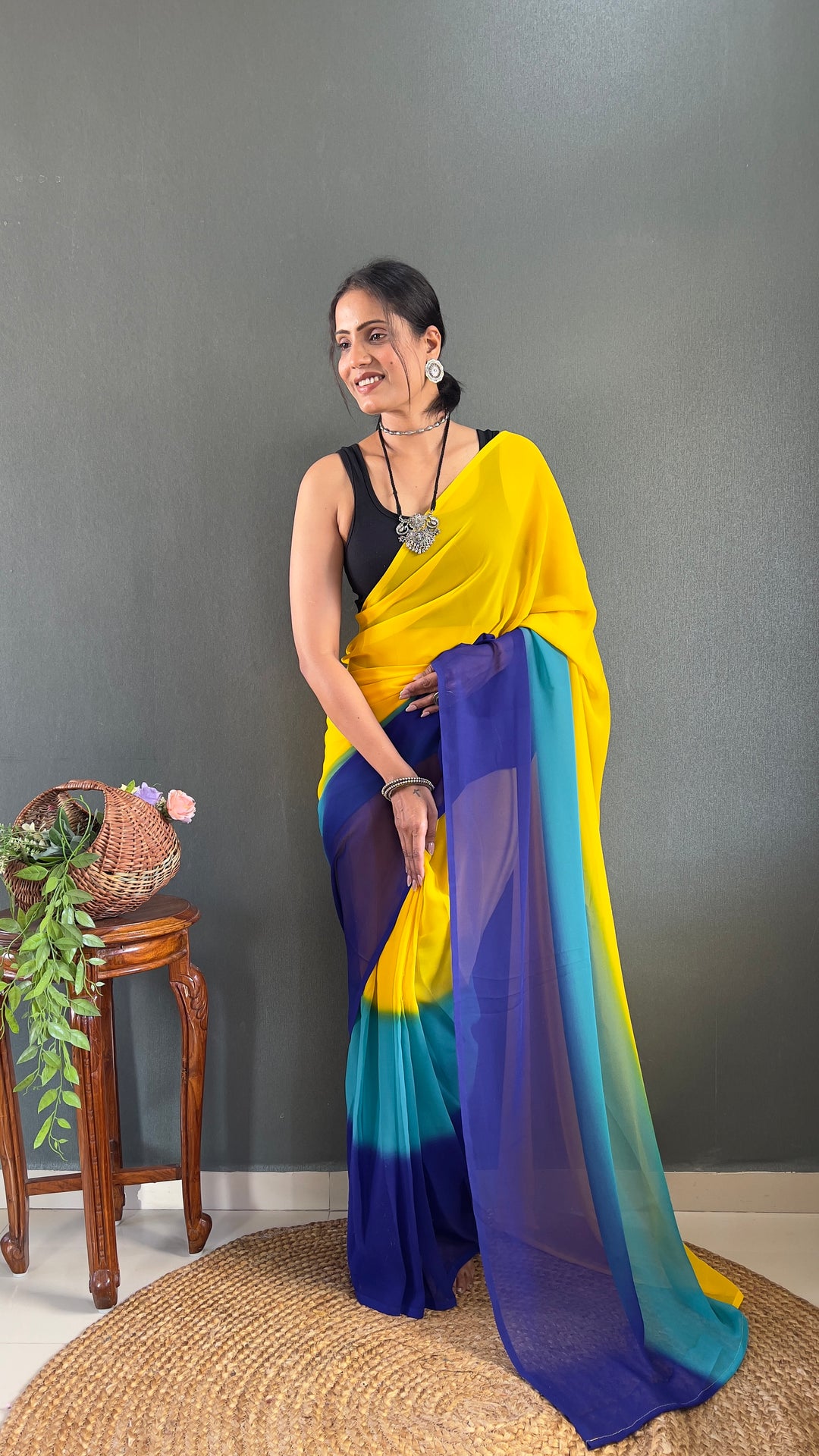 Yellow-Blue Color Georgette Saree With Beautiful Blouse