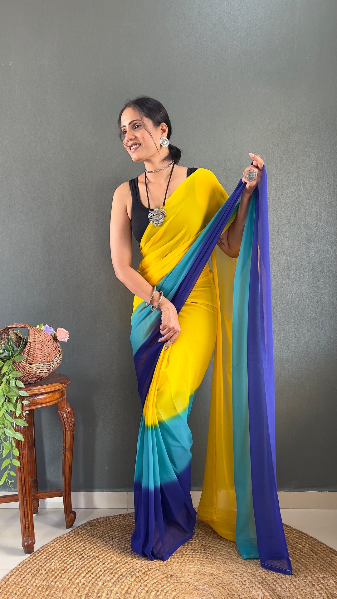Yellow-Blue Color Georgette Saree With Beautiful Blouse