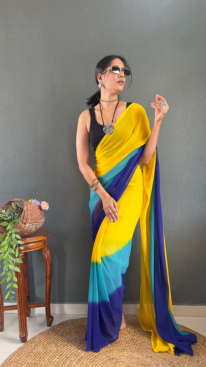 Yellow-Blue Color Georgette Saree With Beautiful Blouse