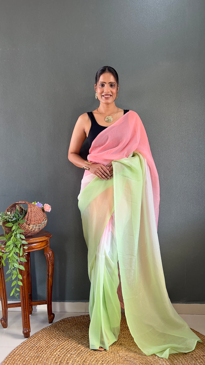PInk-Green Color Naylon Saree On Padding Print With Beautiful Blouse