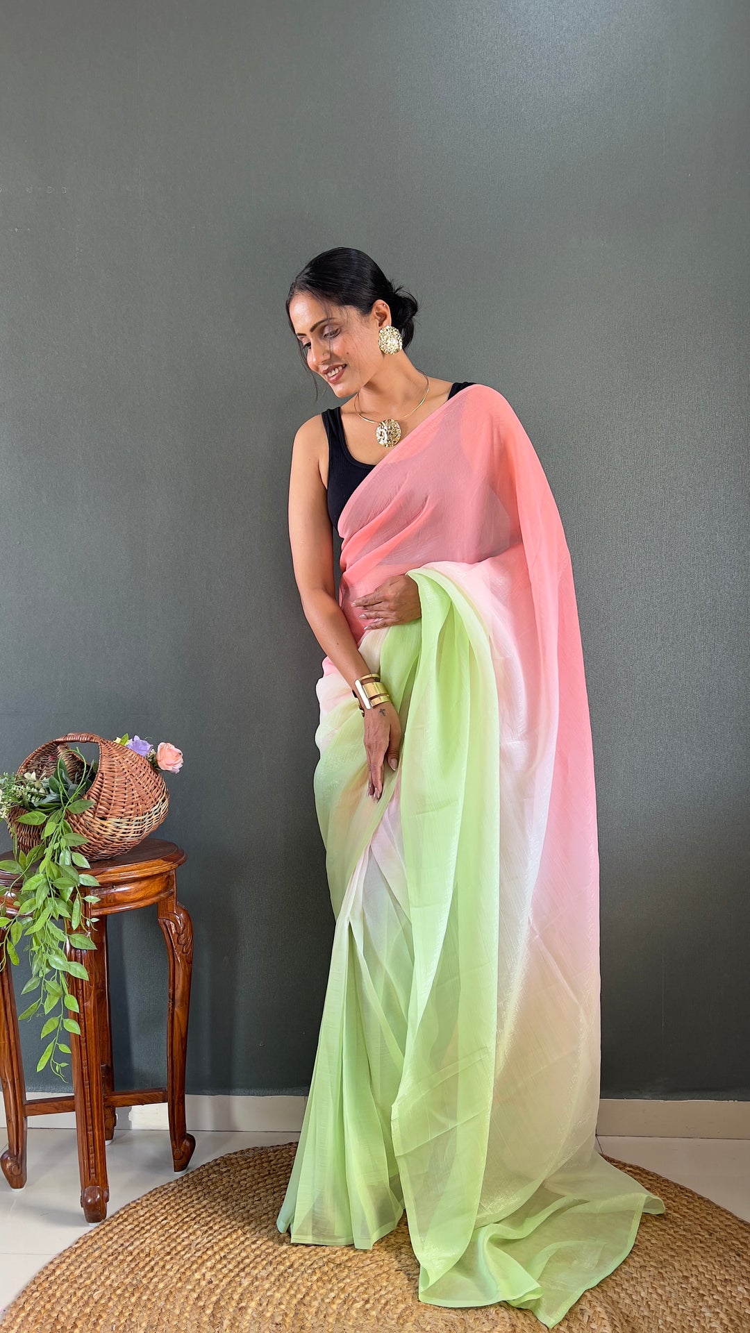 PInk-Green Color Naylon Saree On Padding Print With Beautiful Blouse