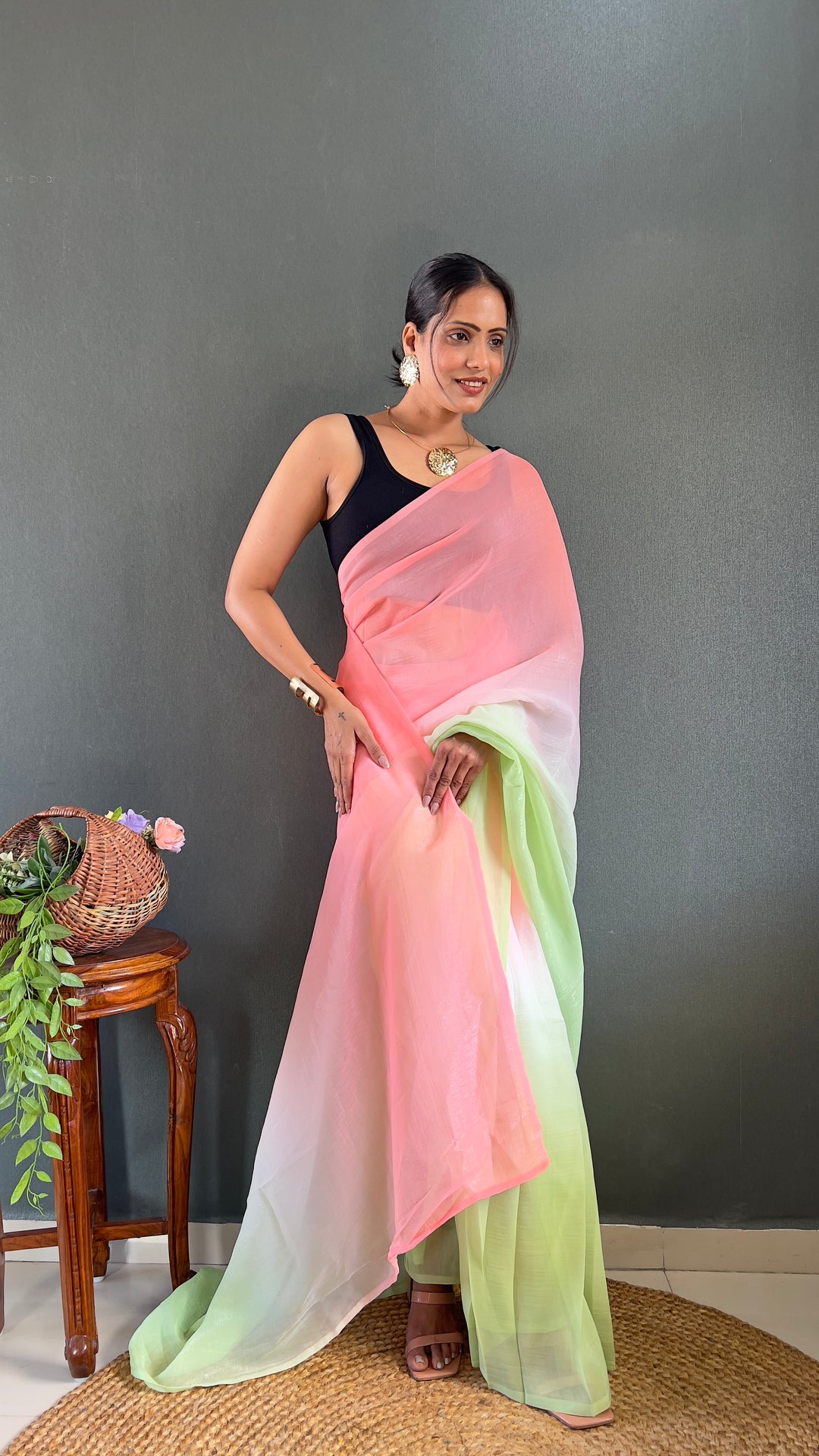 PInk-Green Color Naylon Saree On Padding Print With Beautiful Blouse