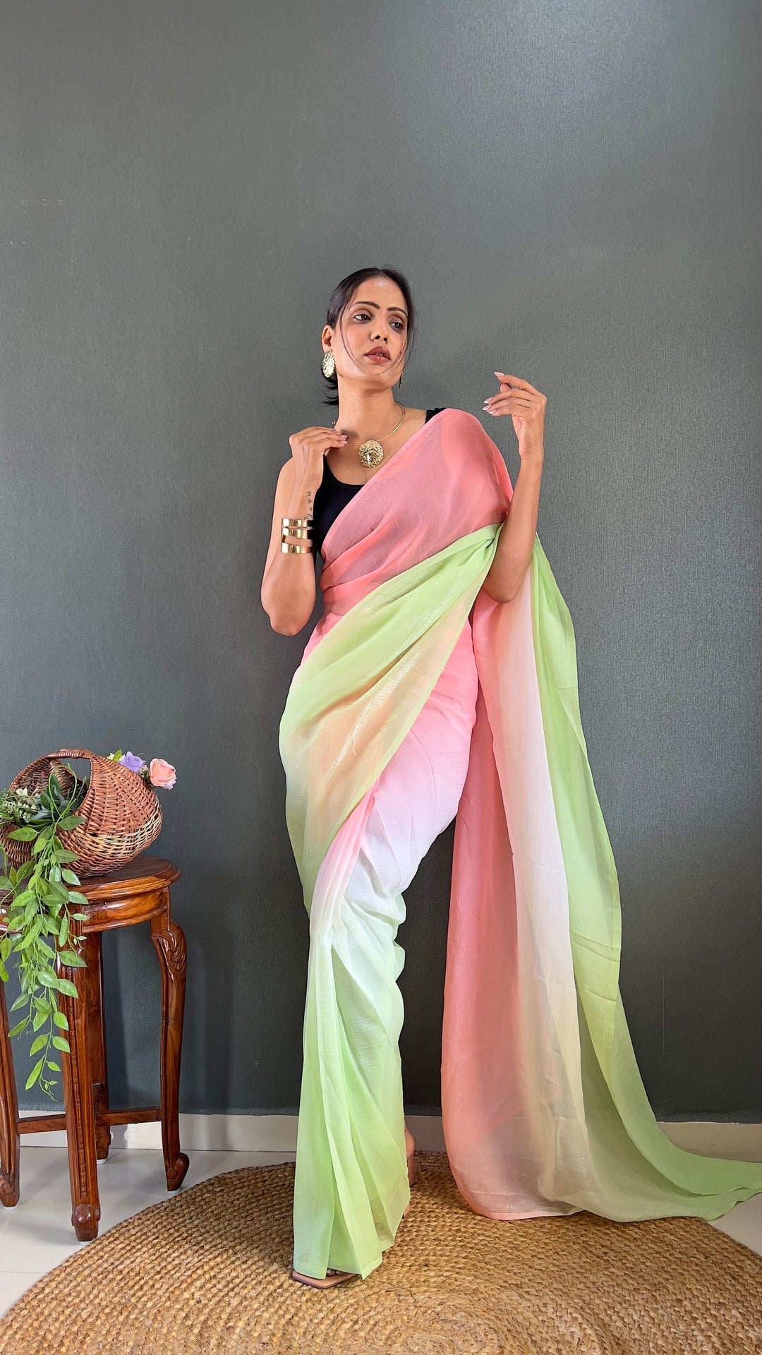 PInk-Green Color Naylon Saree On Padding Print With Beautiful Blouse