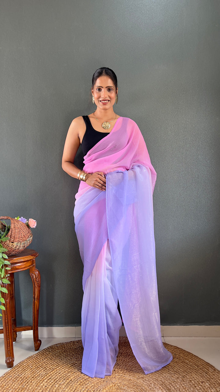 PInk-Purple Color Naylon Saree On Padding Print With Beautiful Blouse