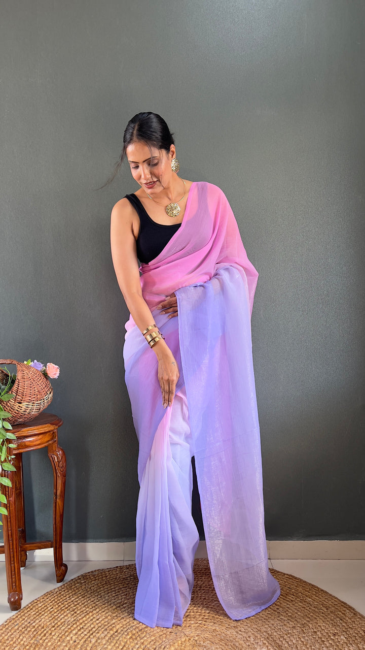 PInk-Purple Color Naylon Saree On Padding Print With Beautiful Blouse
