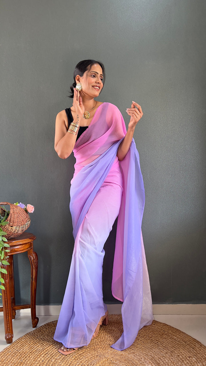 PInk-Purple Color Naylon Saree On Padding Print With Beautiful Blouse