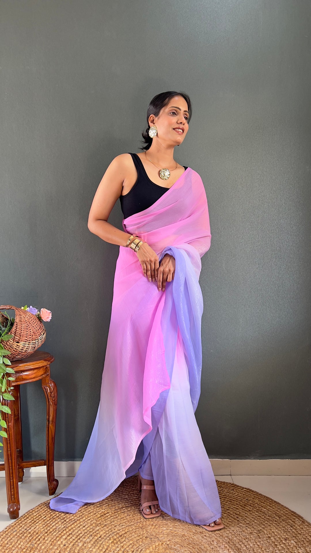 PInk-Purple Color Naylon Saree On Padding Print With Beautiful Blouse