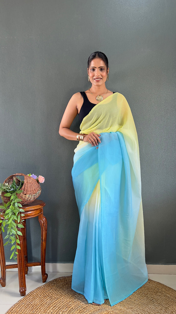 Green-Sky Blue Color Naylon Saree On Padding Print With Beautiful Blouse