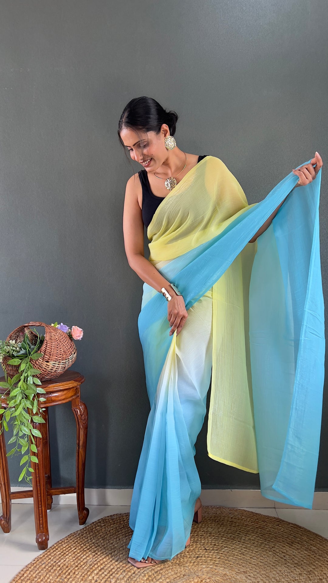 Green-Sky Blue Color Naylon Saree On Padding Print With Beautiful Blouse