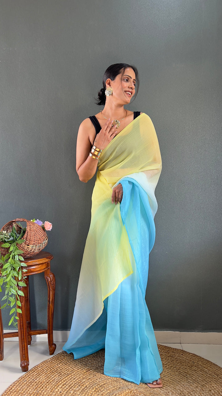 Green-Sky Blue Color Naylon Saree On Padding Print With Beautiful Blouse