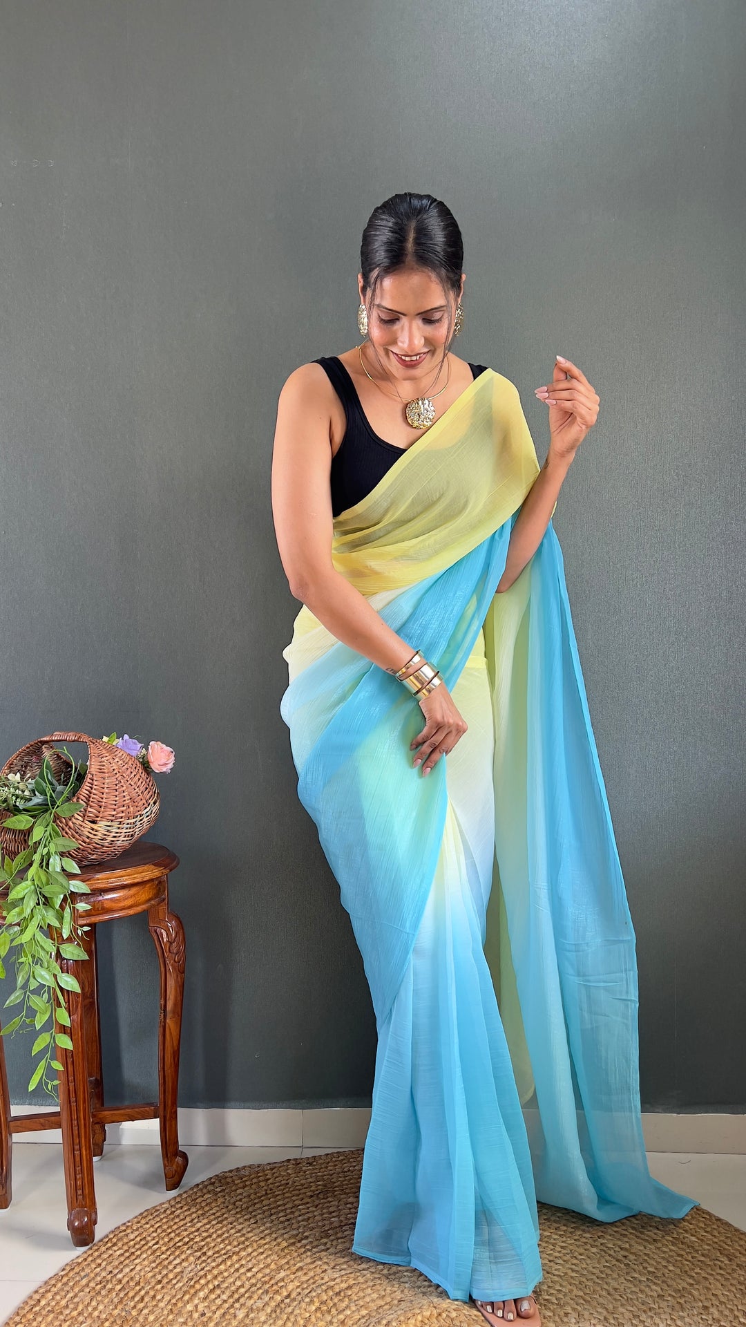 Green-Sky Blue Color Naylon Saree On Padding Print With Beautiful Blouse