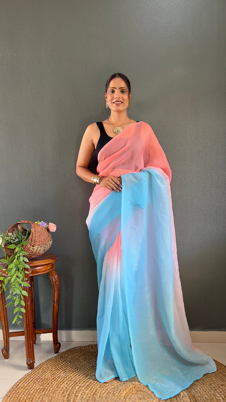 Pink-Sky Blue Color Naylon Saree On Padding Print With Beautiful Blouse