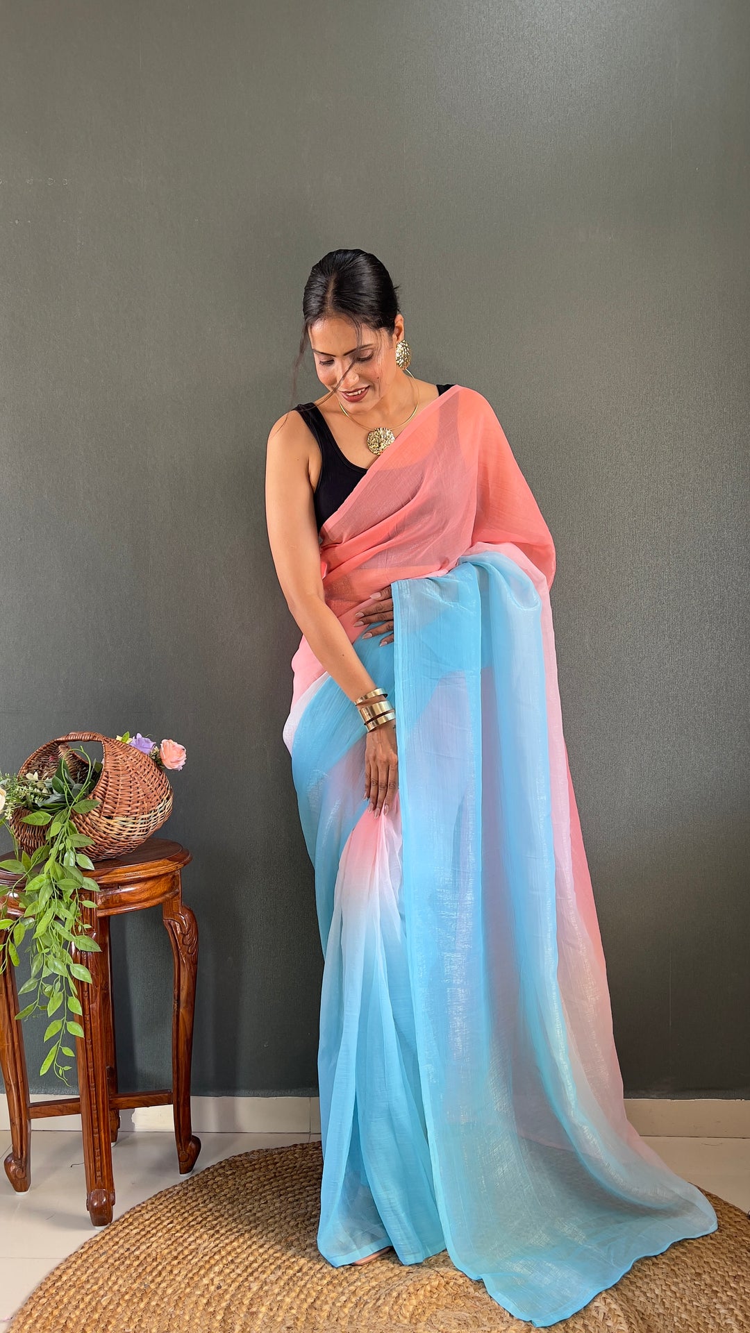 Pink-Sky Blue Color Naylon Saree On Padding Print With Beautiful Blouse