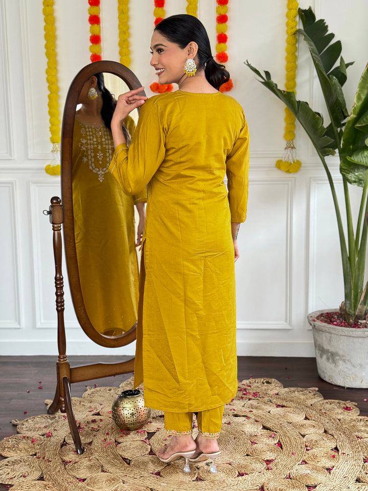 Mustard Color Viscose Chanderi with Embroidered Straight Kurta with Pant And Linen Dupatta Sets