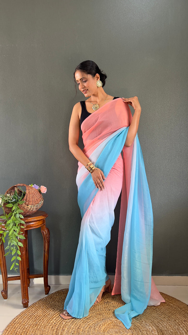 Pink-Sky Blue Color Naylon Saree On Padding Print With Beautiful Blouse