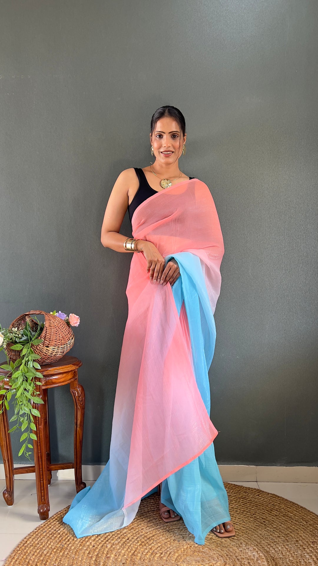 Pink-Sky Blue Color Naylon Saree On Padding Print With Beautiful Blouse