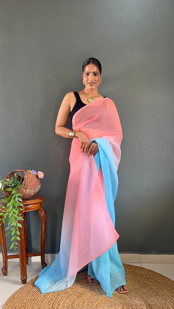 Pink-Sky Blue Color Naylon Saree On Padding Print With Beautiful Blouse