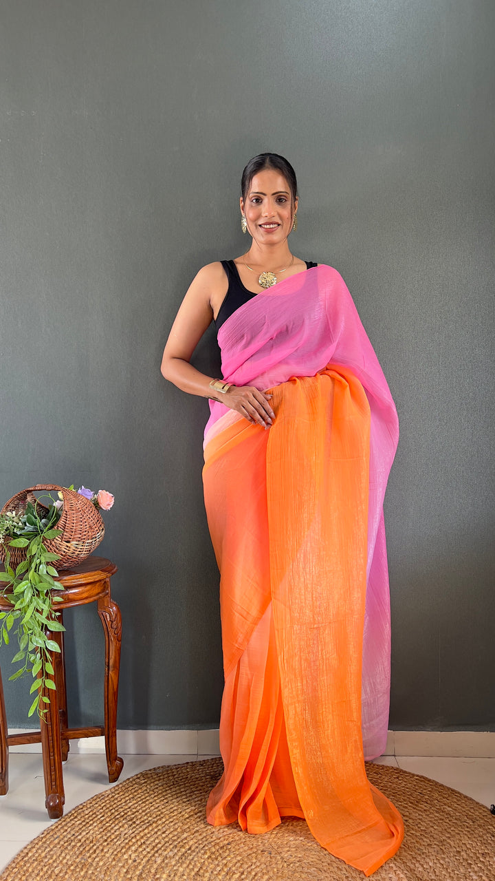 Pink-Orange Color Naylon Saree On Padding Print With Beautiful Blouse