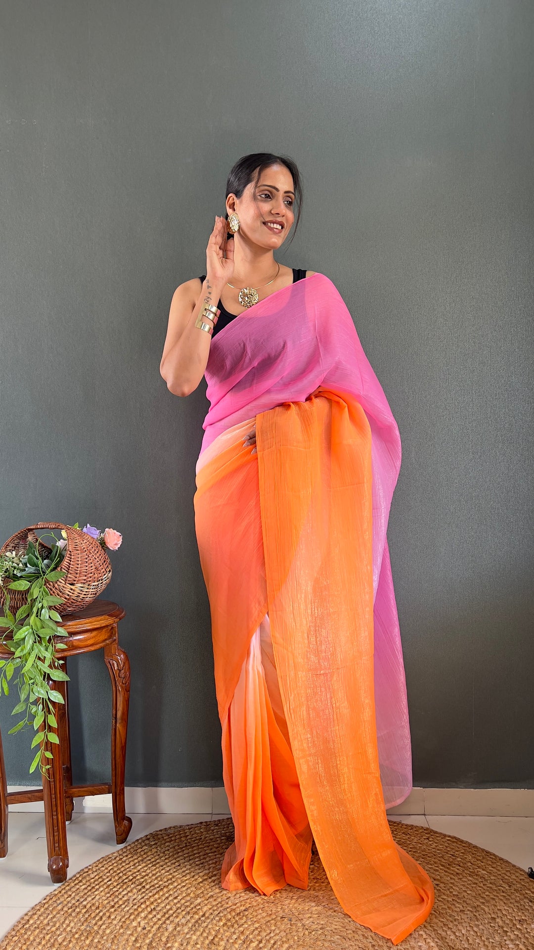 Pink-Orange Color Naylon Saree On Padding Print With Beautiful Blouse