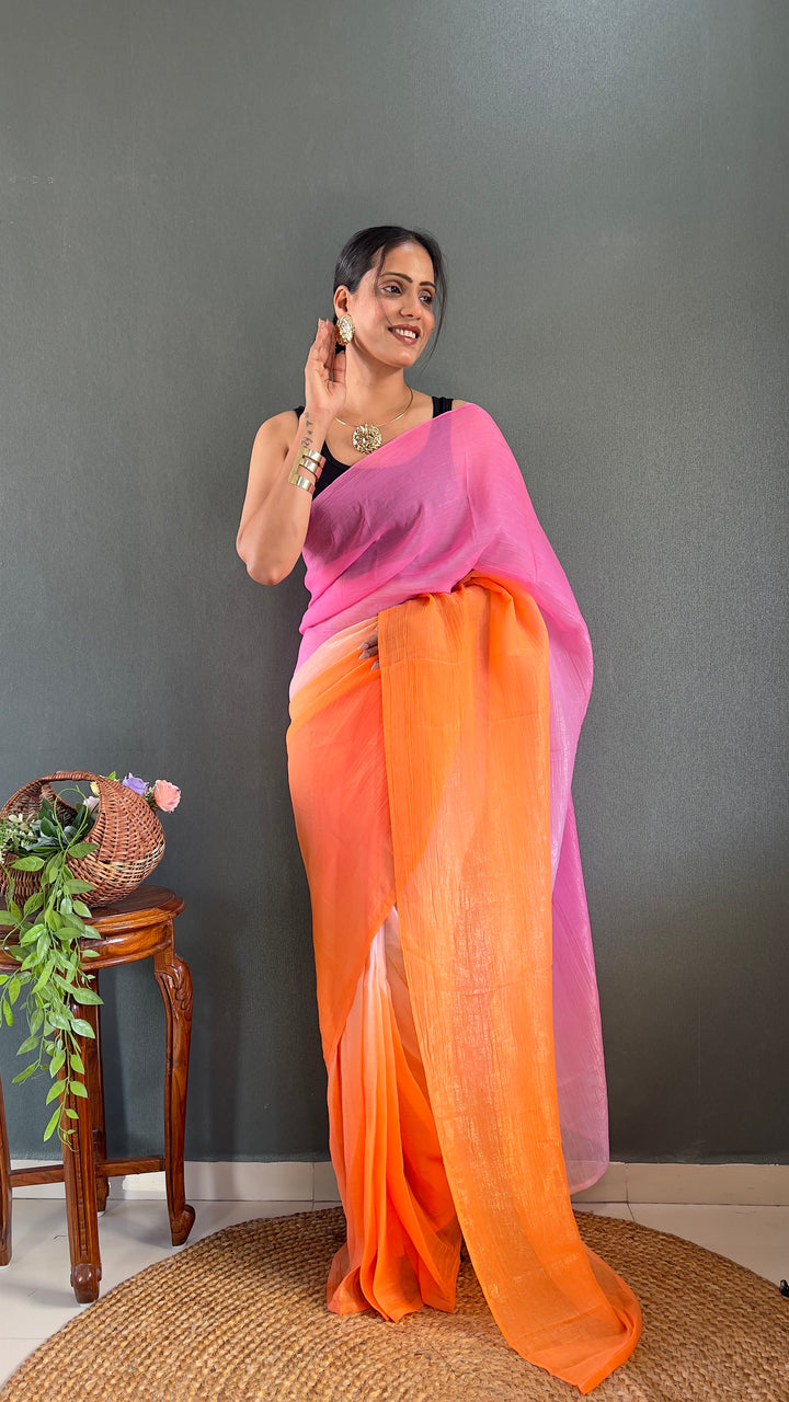 Pink-Orange Color Naylon Saree On Padding Print With Beautiful Blouse