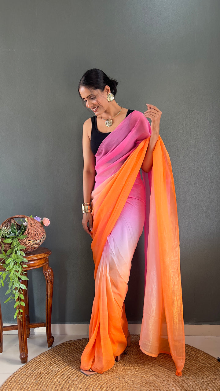 Pink-Orange Color Naylon Saree On Padding Print With Beautiful Blouse